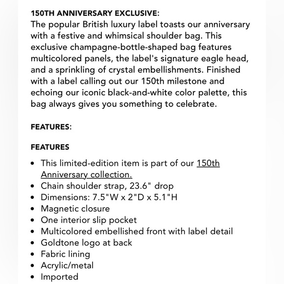Kurt Geiger London Champagne Bottle Mini Bag 150th Bloomingdale’s Anniversary - Picture 2 of 2